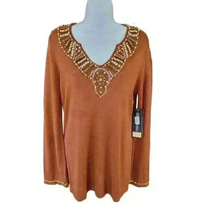 Sweaterworks Top Womens Size Large Brown Silk Blend Knit Beaded V-Neck NWT